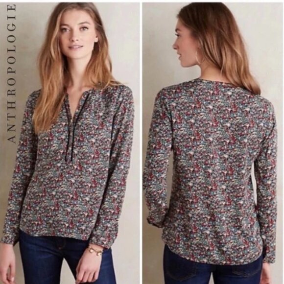 MEADOW RUE | Anthropologie Luana Floral Print Split Neck Woven Blouse Distsy - Picture 1 of 9